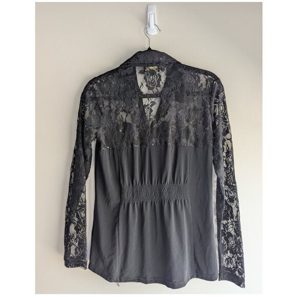 Y2K Champange by Le Greiner Ribbon Lace Sequin yoke top - Picture 2 of 11